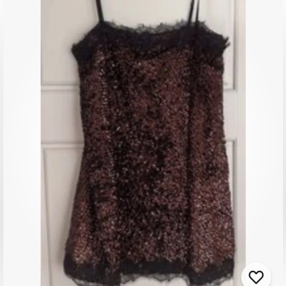 Lilly Sisto For Gianni Bini TINSLEY Mini Slip Dress Bronze Sequin Lace Trim SZ 8